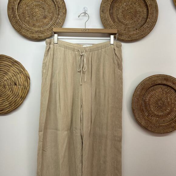 Abercrombie Beige Tan Crinkle Tie Waist Pull On Wide Leg Pant Large Neutral - Picture 4 of 6